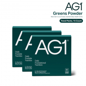 AG1 Greens Powder (Travel Packs, 15 Count) เครื่องดื่ม Superfood พร้อมชง โปรไบโอติกเสริมลำไส้ ภูมิคุ้มกัน และพลังงานตลอดวัน